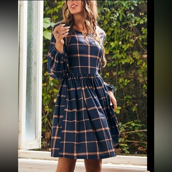 Plaid Print Crew Neck Dress, Casual Long Sleeve Dress - Picture 1 of 3